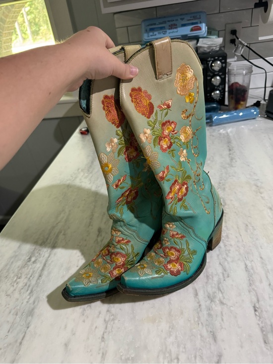 Corral Shoes - Corral Turquoise Embroidered Floral Western Cowgirl Snip Toe Leather Boots 6.5